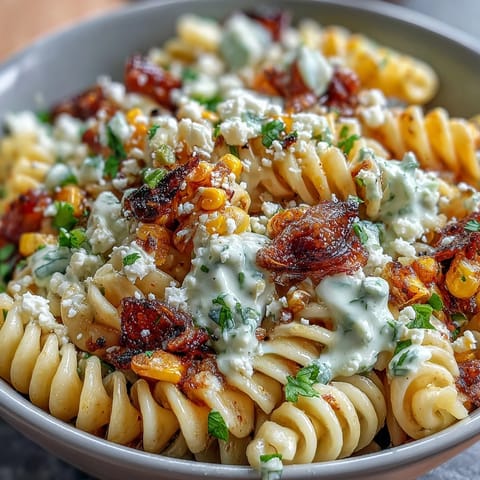Creamy Mexican street corn elote pasta salad featuring tangy lime dressing, fresh cilantro, and crumbled cotija cheese for a bold side dish.