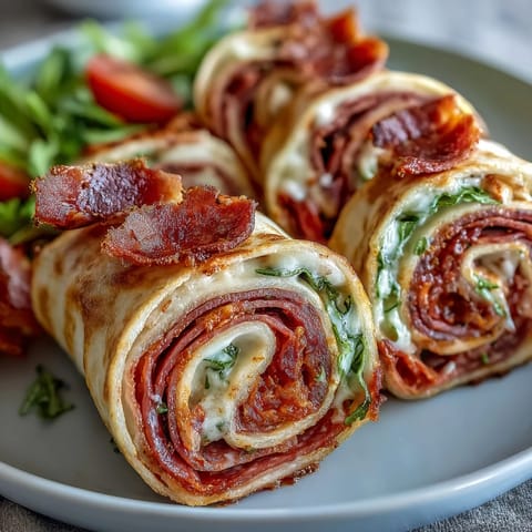 Vibrant Italian sub pinwheel wraps with layers of salami, ham, and provolone cheese, rolled and sliced for easy serving.