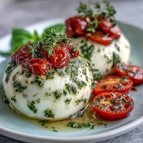 Caprese skewers with pesto drizzle feature juicy cherry tomatoes, creamy mozzarella, and fresh basil on wooden sticks, finished with vibrant green pesto sauce.