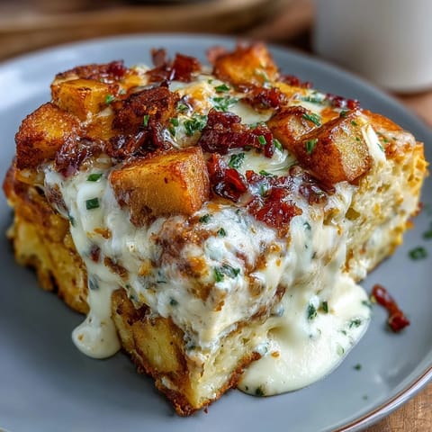 A hearty overnight Amish breakfast casserole loaded with sausage, potatoes, eggs, and melted cheese.