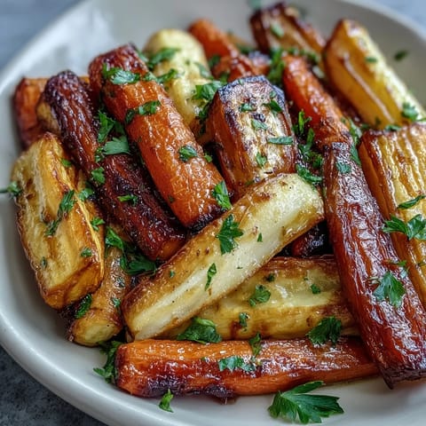 Honey roasted carrots and parsnips with thyme, caramelized and golden, perfect alongside roasted ham.  