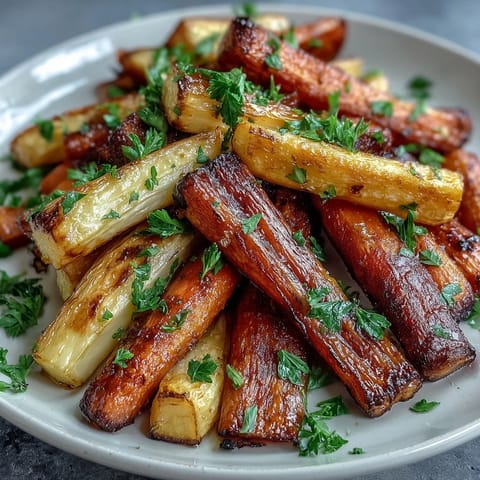 Sweet and savory honey glazed carrots and parsnips, tender and aromatic, ideal for holiday meals.  
