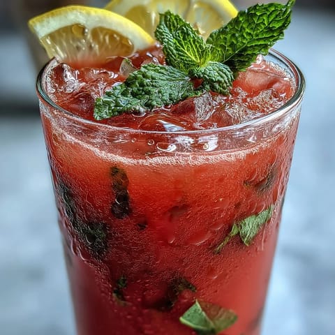 A tall glass filled with vibrant pink watermelon mint lemonade, garnished with fresh mint leaves and lemon slices, served over ice cubes for a refreshing summer drink.