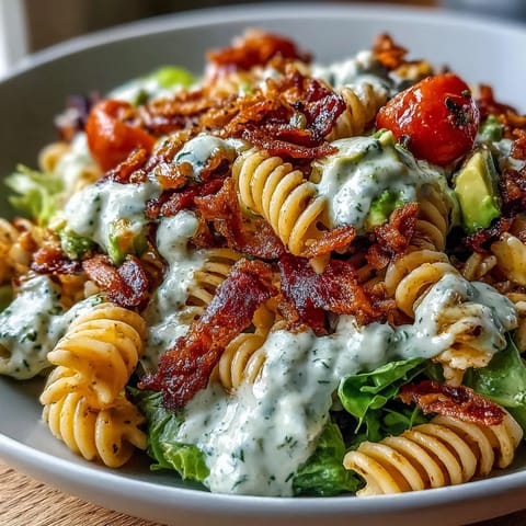 Vibrant BLT pasta with avocado ranch, showcasing crispy bacon, fresh lettuce, and cherry tomatoes in a creamy dressing.  
