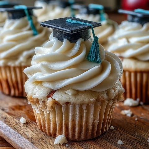 Simple Graduation Cupcakes with Cap Fondant Toppers, featuring moist vanilla cake topped with buttercream and fondant graduation caps for a festive celebration.