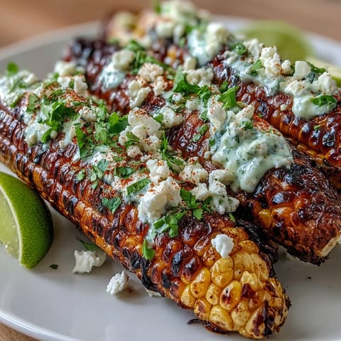 Smoky grilled corn elote style topped with tangy sauce, crumbled cheese, and fresh cilantro for a bold summer side.