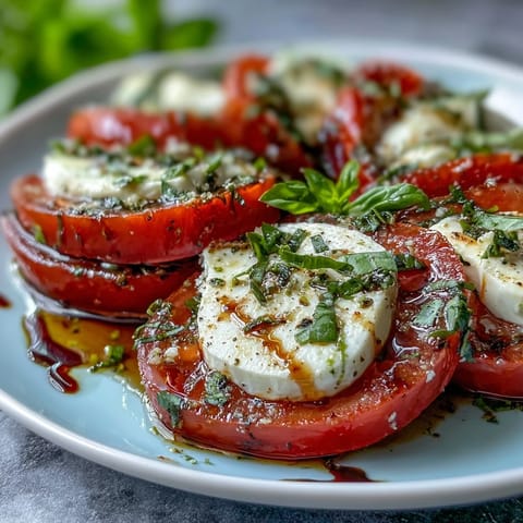 Vibrant Caprese salad with ripe tomatoes, mozzarella, and fresh basil drizzled with fragrant basil oil.