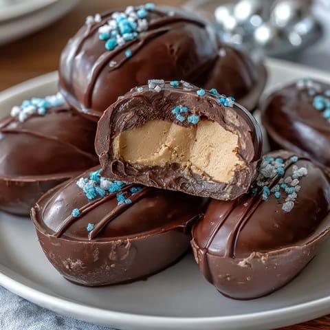 Homemade peanut butter Easter eggs with creamy filling coated in glossy milk chocolate, perfect for festive spring celebrations.