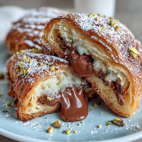 Golden-brown Dubai Chocolate Pistachio Croissant French Toast, oozing melted chocolate and nuts.