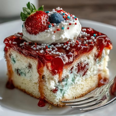 Festive Memorial Day Red White Blue Poke Cake sliced with creamy topping.