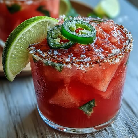 Vibrant Cinco de Mayo Watermelon Jalapeño Margarita Mocktail, ice cold and garnished.