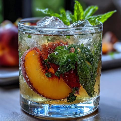 Refreshing Iced Peach Green Tea Lemonade with vibrant orange hues and ice.