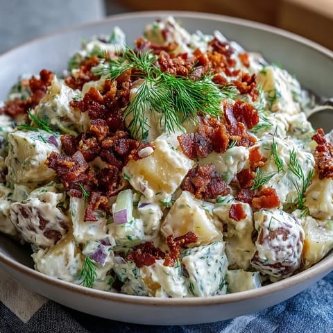 Memorial Day Potato Salad with Dill and Bacon, topped with crispy bacon pieces.