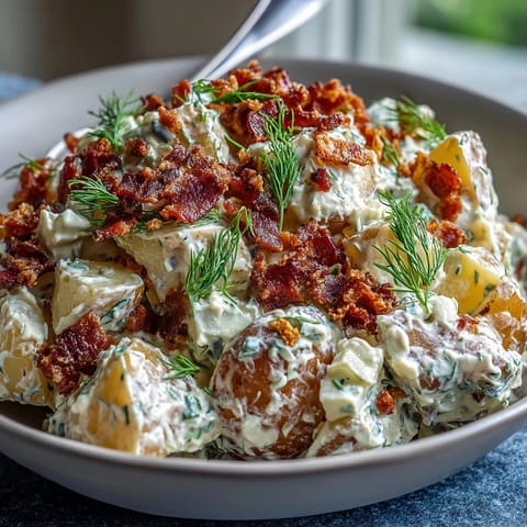 Festive Memorial Day Potato Salad, creamy with fresh dill and smoky bacon bits.