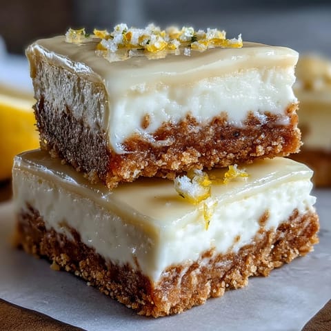 Creamy skyr lemon cheesecake bars, no-bake, topped with fresh lemon zest.