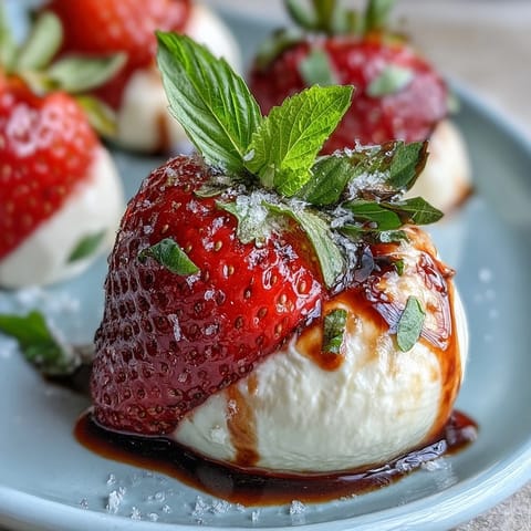 Vibrant Fresh Strawberry Caprese Salad drizzled with balsamic glaze and basil.