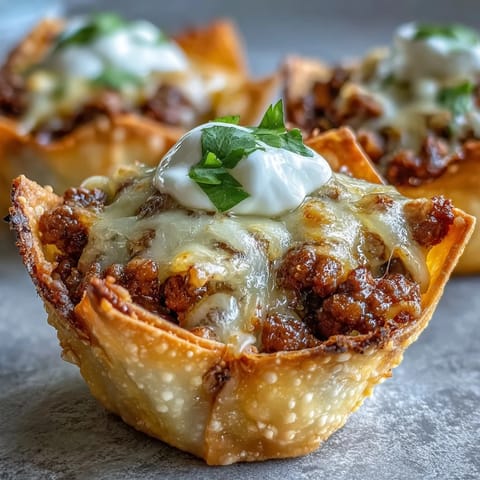 Mini Taco Cups in Wonton Wrappers: golden, crispy appetizers with savory filling and melted cheese.