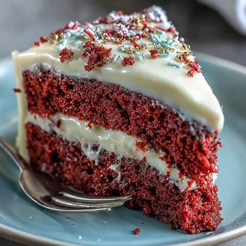 Decadent Juneteenth Red Velvet Cake, generously frosted, perfect for celebration.