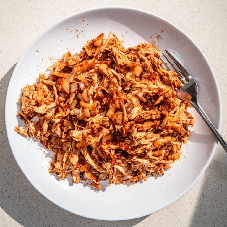 Tender, saucy BBQ Pulled Chicken shredded with forks and served alongside crisp dill pickle chips.