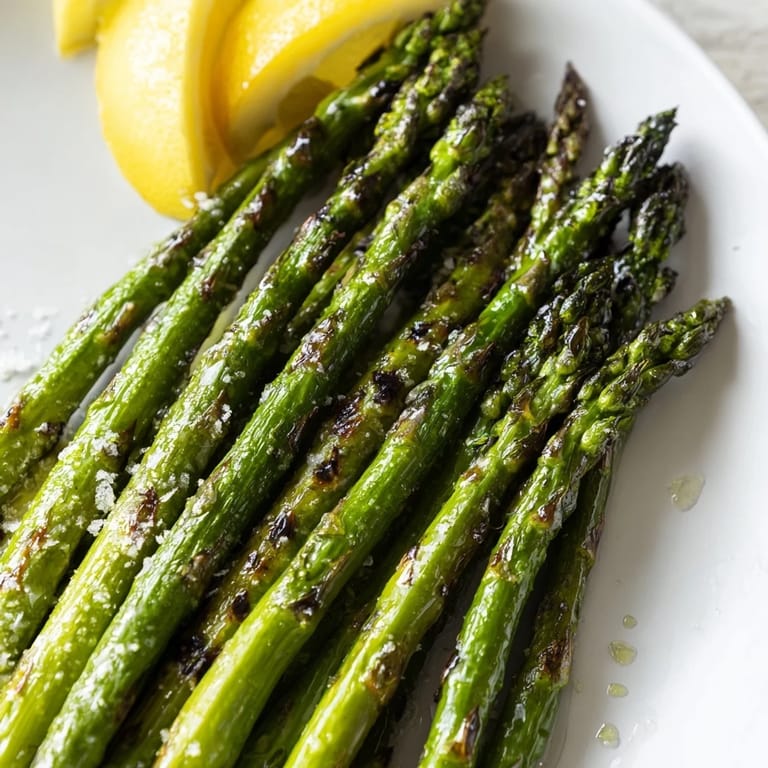 Freshly grilled asparagus spears glistening with olive oil, seasoned with sea salt and served with lemon wedges.