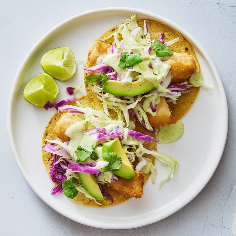 Close-up of Baja Fish Tacos with lime wedges and creamy sauce, ready to serve on a rustic wooden platter.