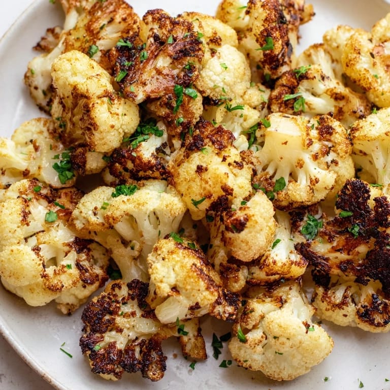 Tender, caramelized roasted cauliflower florets with a smoky aroma, ready to enjoy as a healthy snack.