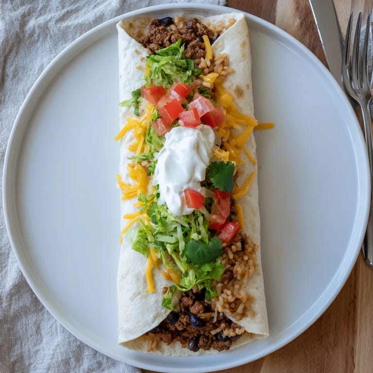 Hearty homemade Beef Burrito filled with savory beef, rice, and beans, served on a white plate ready to eat.