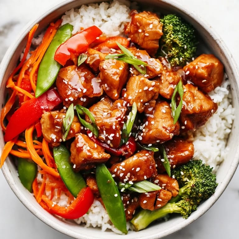 A skillet of tender chicken simmered in sweet teriyaki sauce next to fluffy rice and colorful veggies.