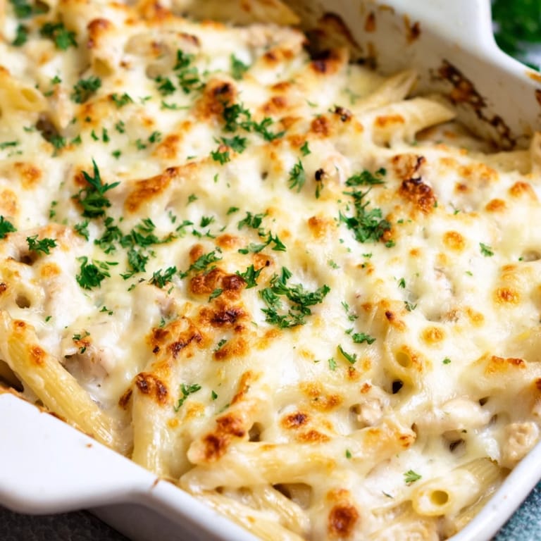 Hearty Chicken Alfredo Bake with tender chicken, penne, and rich Alfredo sauce, paired with a salad.