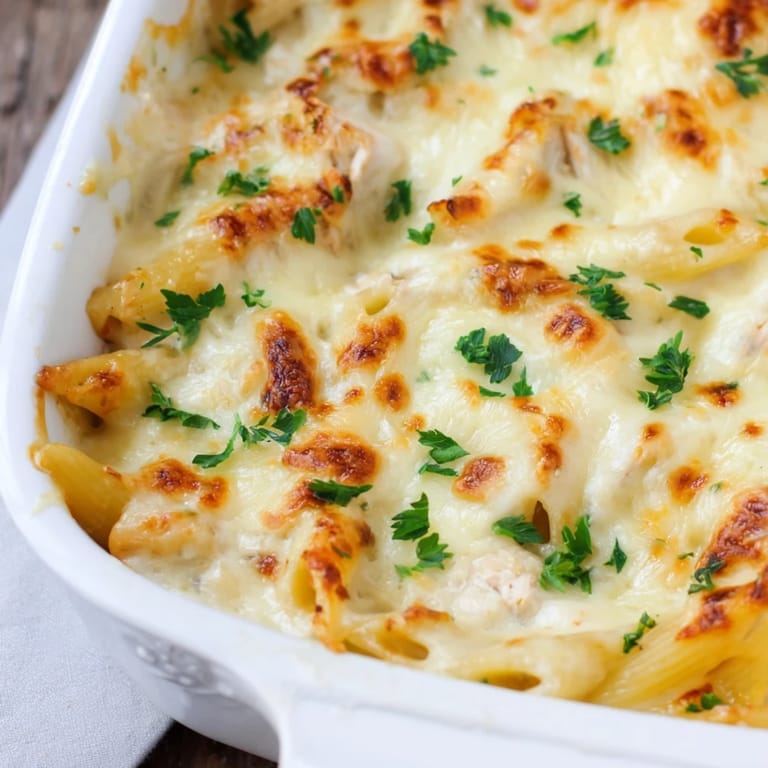 Golden-topped Chicken Alfredo Bake casserole with parsley garnish, served from a 9x13-inch dish.