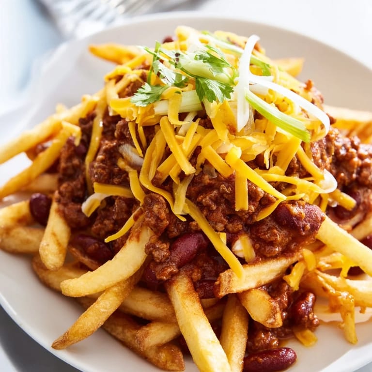 Sizzling Chili Cheese Fries topped with melted cheddar, chopped scallions, and sour cream on the side.