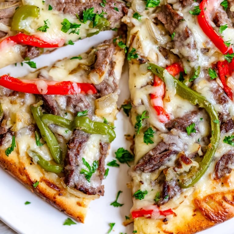 Cheesy, golden-brown Philly Cheesesteak Pizza topped with steak, peppers, and onions served hot on a rustic wooden cutting board.