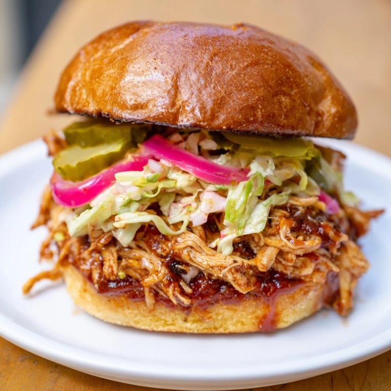 Freshly grilled BBQ Chicken Sandwich served with crispy coleslaw and pickles.