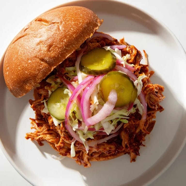 Savory BBQ Chicken Sandwich with tender shredded chicken and tangy barbecue sauce.