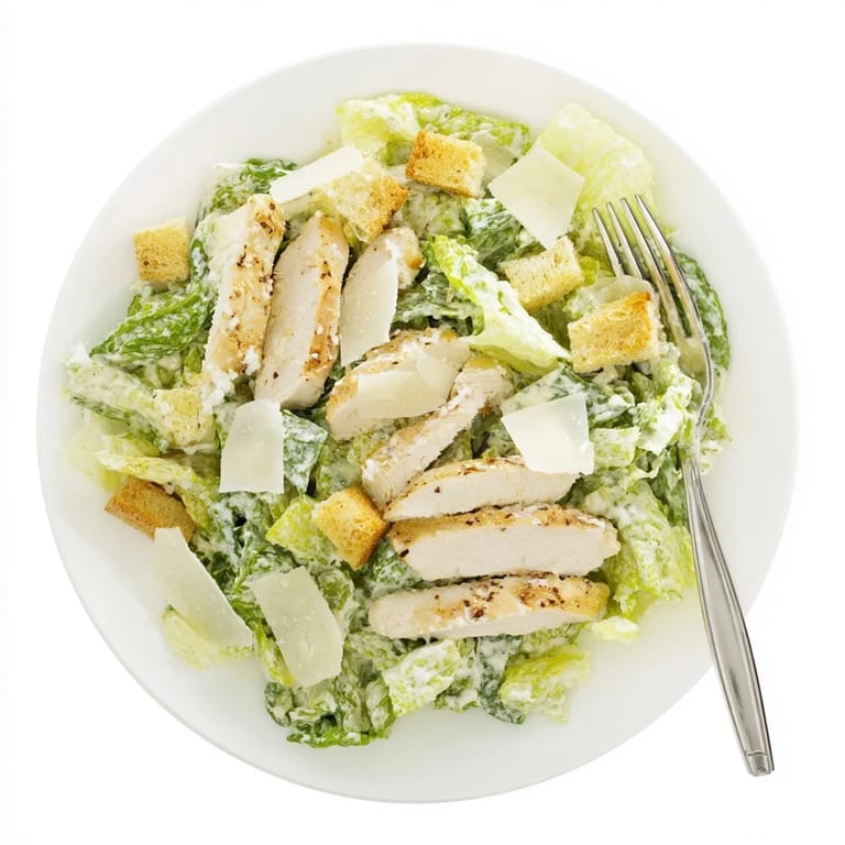 Golden croutons and creamy dressing garnish this hearty Chicken Caesar Salad, served ready to enjoy on a rustic plate.