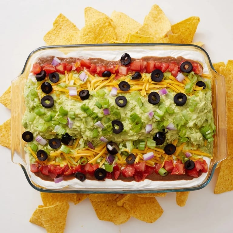 Freshly made seven-layer dip in a glass dish with vibrant layers of sour cream, salsa, and shredded lettuce for a party.