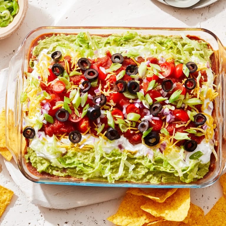 Classic Tex-Mex seven-layer dip topped with black olives, green onions, and melty cheddar, ready to scoop with crunchy tortilla chips.