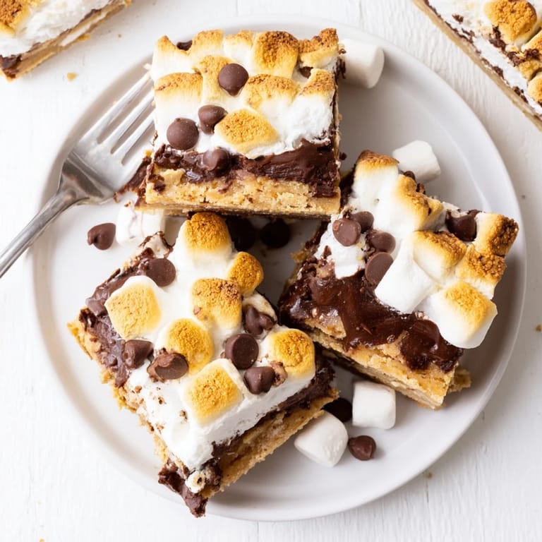 Freshly baked Smores Bars are served warm on a rustic plate near a glass of milk.