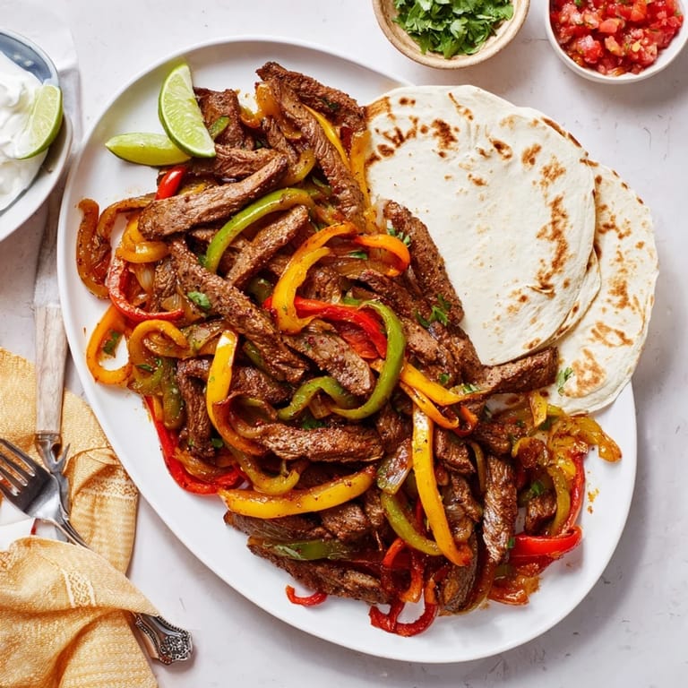 Close-up of Steak Fajitas showing juicy beef, colorful bell peppers, and onions in skillet.