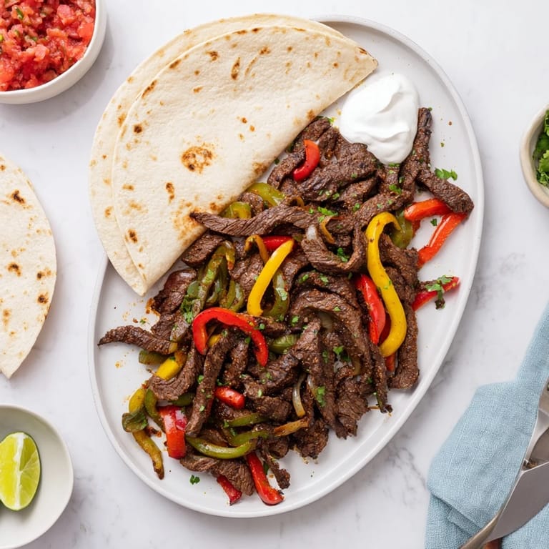 Sizzling Steak Fajitas plated with warm flour tortillas, lime wedges, and fresh cilantro.