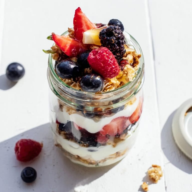 Overhead view of Berry Parfait ingredients, highlighting a healthy yogurt and granola dessert parfait.