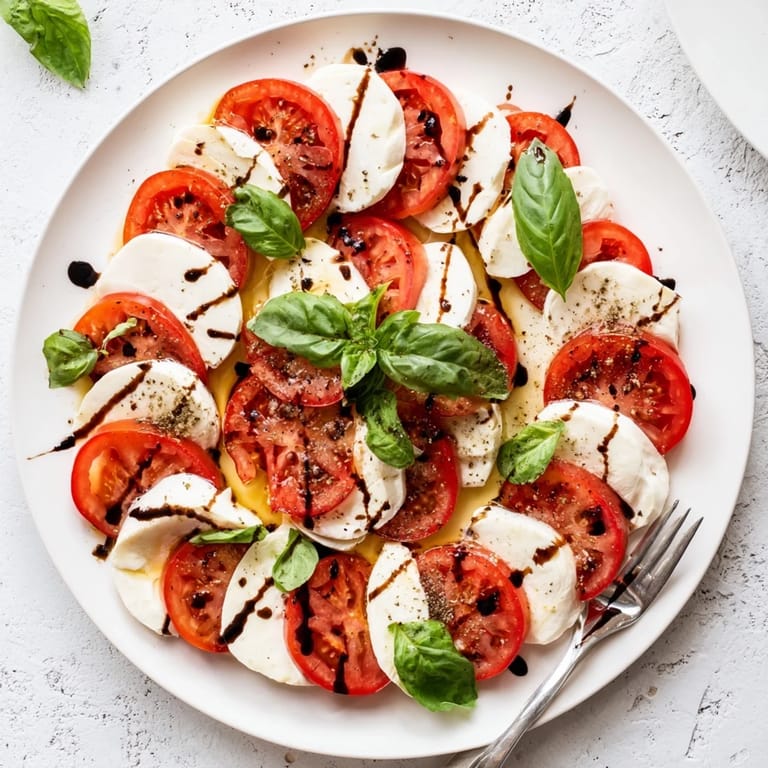 Overhead view of vibrant Caprese Salad ingredients, featuring juicy tomato slices and mozzarella, ready to be arranged on a large white platter.