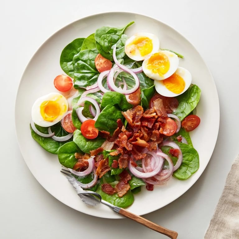 A simple bowl of Spinach Salad with Bacon with red onion slices, cherry tomatoes, and golden bacon on bright greens, ready for a light dinner.