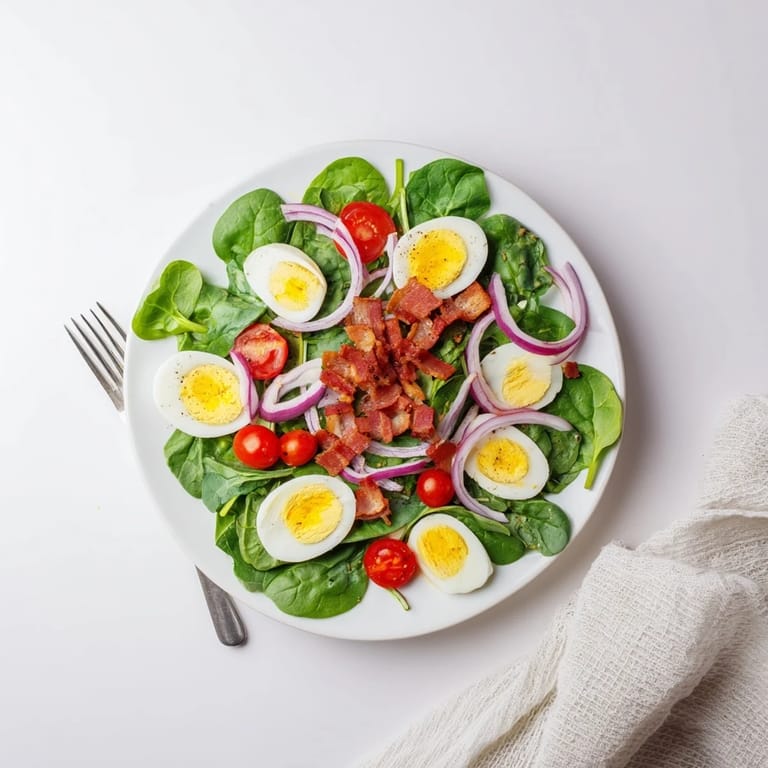 Fresh Spinach Salad with Bacon plated with sliced boiled eggs and a homemade red wine vinaigrette, garnished for a vibrant, easy American side dish.