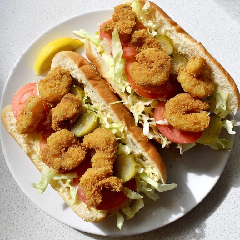 A classic Shrimp Po Boy sandwich drizzled with creamy remoulade on a wooden board.