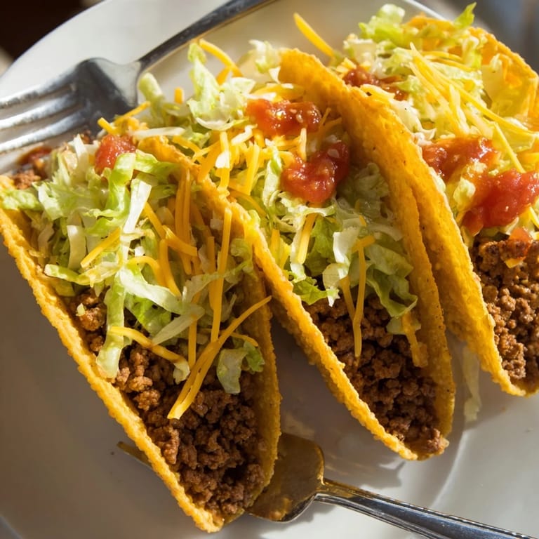Close-up of juicy beef tacos topped with cheese and salsa, perfect for a quick weeknight dinner.