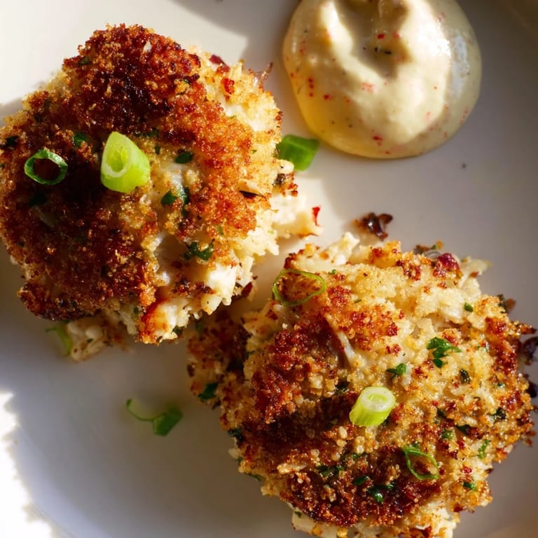 Two savory Crab Cakes sit on a white plate, ready to be enjoyed with a fresh salad.