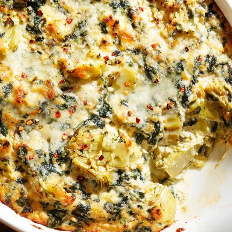 Creamy Spinach Artichoke Dip in a rustic baking dish, topped with mozzarella and red pepper flakes, ready to scoop with crunchy tortilla chips.