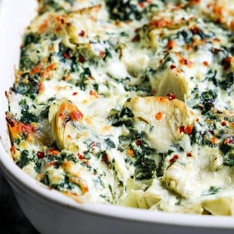 Golden-brown Spinach Artichoke Dip bubbling in a baking dish, garnished with fresh spinach, served alongside crispy bread and crackers for dipping.