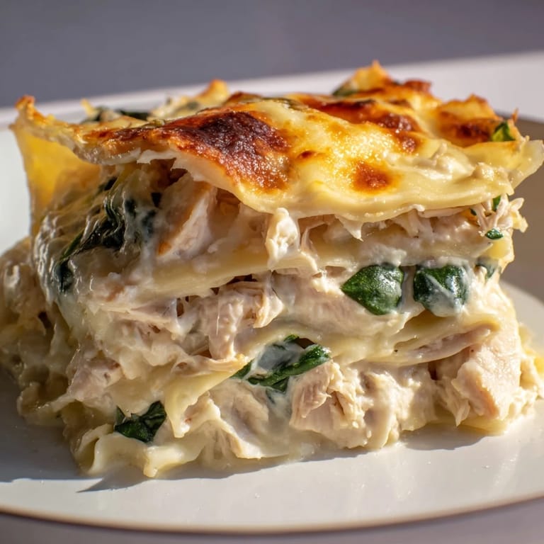 Chicken Alfredo Lasagna served on a white plate with fresh parsley garnish and a side salad for a complete dinner.